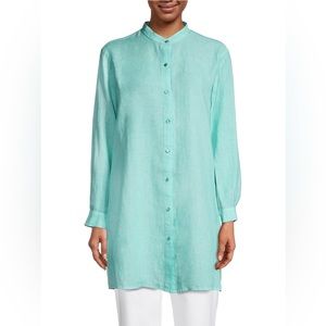Eileen Fisher Aqua Band Collar Organic Linen Button Down Shirt size XS